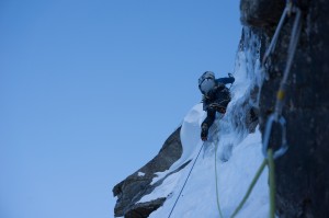 Me on the ice crux pitch on the first ascent of ‘Powered by Beans, photo by Ian Welsted